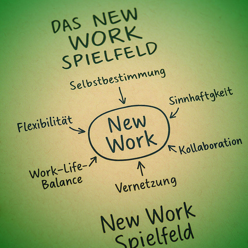 Das New Work Spielfeld zeigt, wie Sinn, Zusammenarbeit und Entwicklung in einem lebendigen System zusammenwirken.